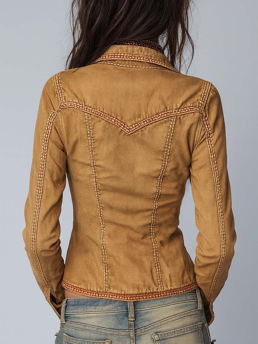 Slim-fit Vintage-style Washed Khaki Denim Jacket - Image 8