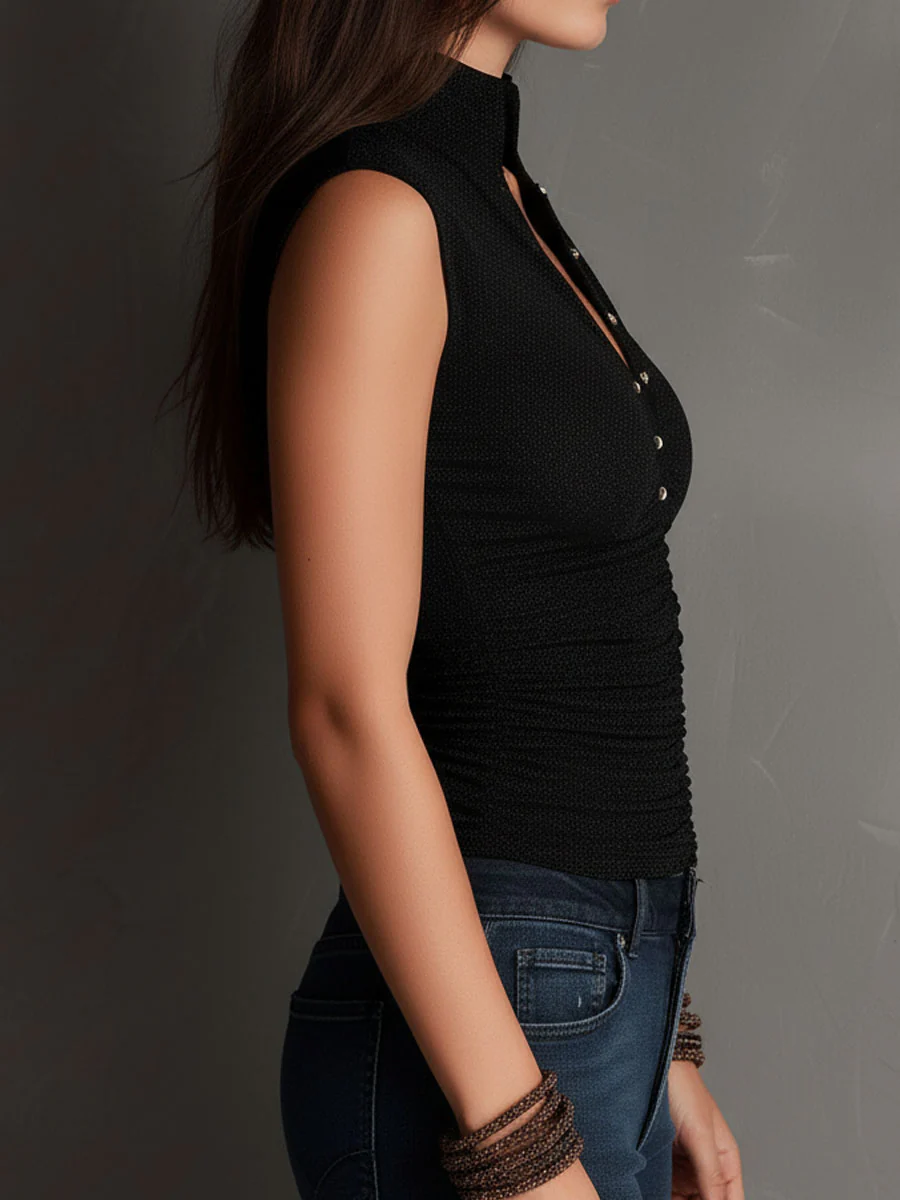 Stand Collar Black Shimmer Ribbed Ruched Button-Front Top - Image 5