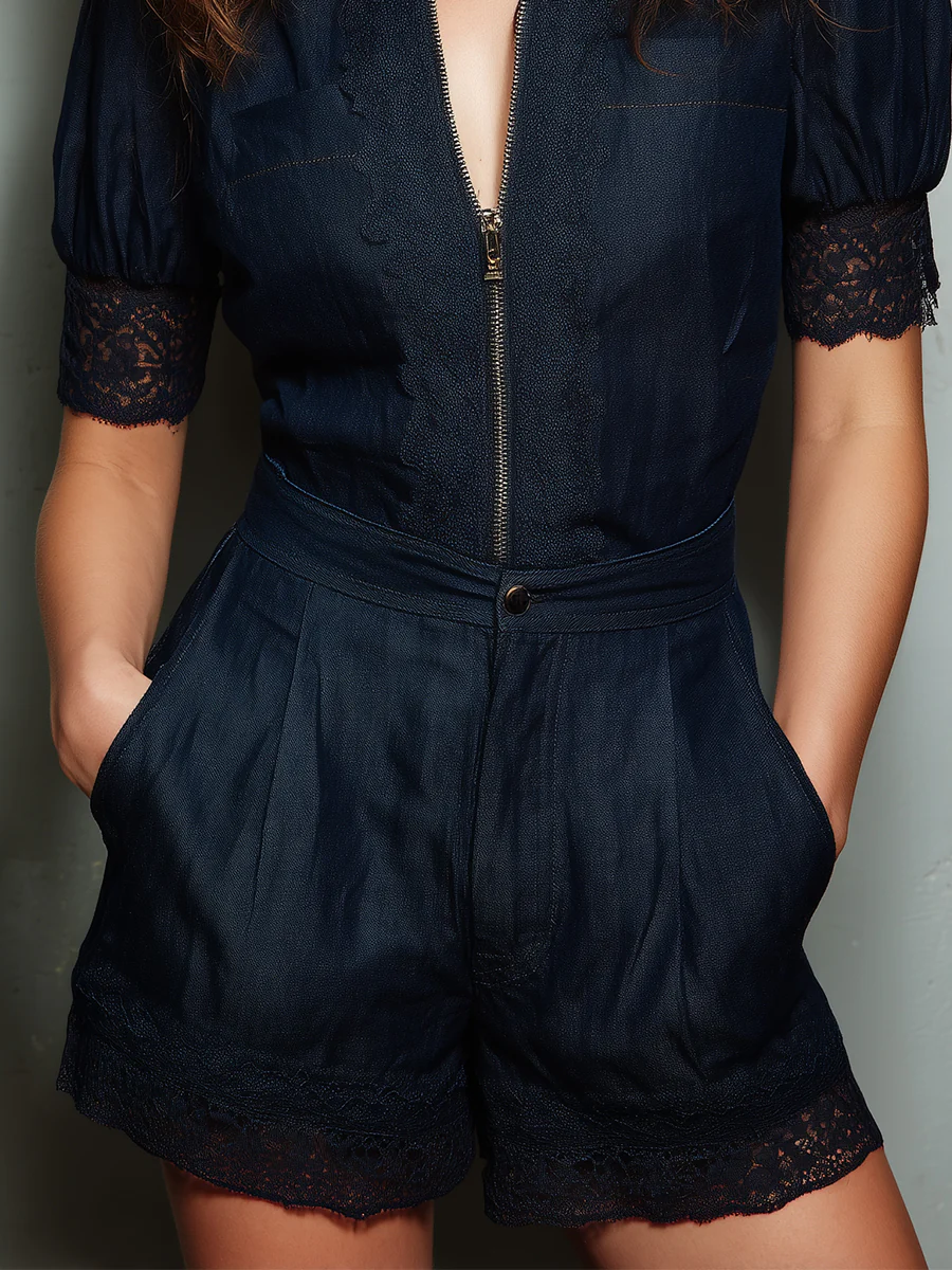 Stand Collar Front Zipper Lace Trim Blouse & Denim Shorts Set - Image 3