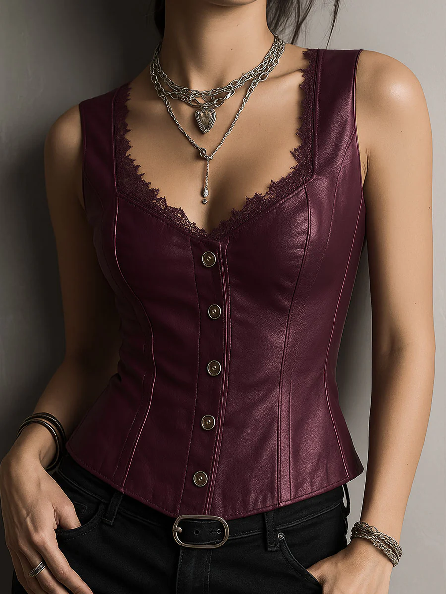 Stylish Black Leather Corset Waistcoat With Lace-Trim - Image 8