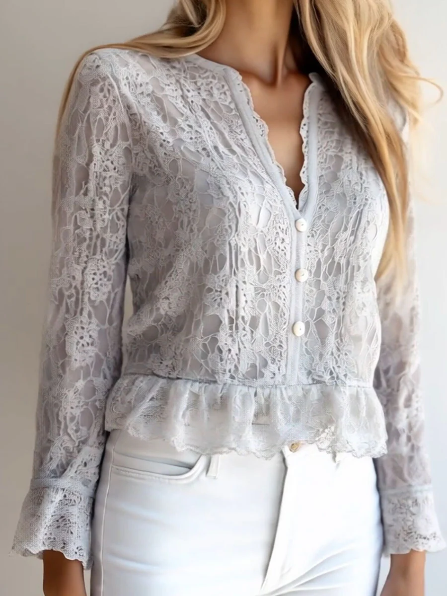 Stylish V-neck Button Down Long Sleeve Lace Shirt - Image 3