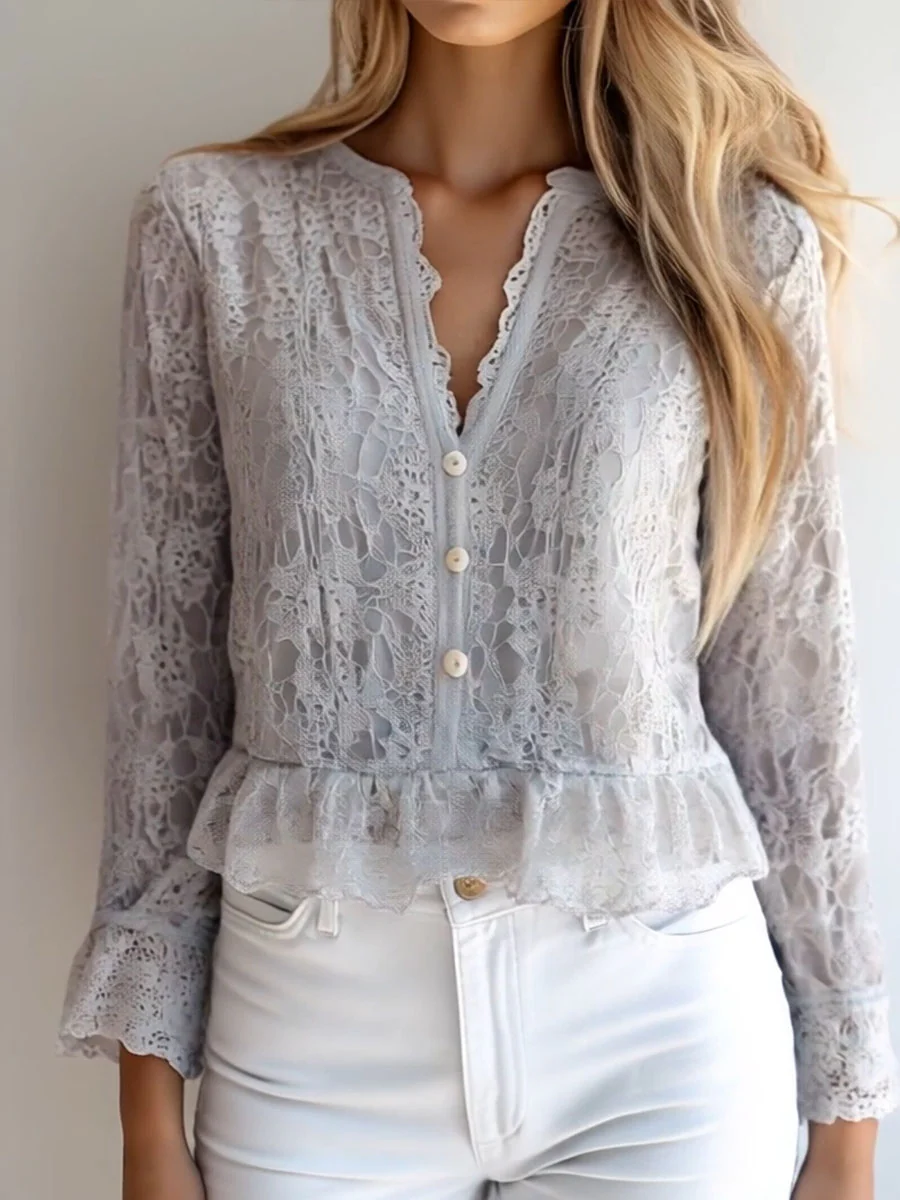 Stylish V-neck Button Down Long Sleeve Lace Shirt - Image 4