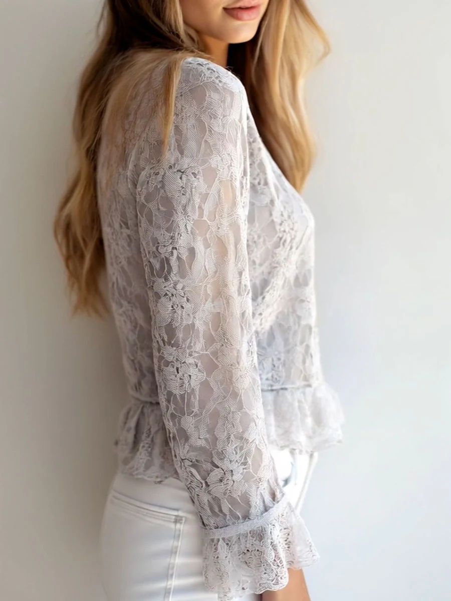 Stylish V-neck Button Down Long Sleeve Lace Shirt - Image 6
