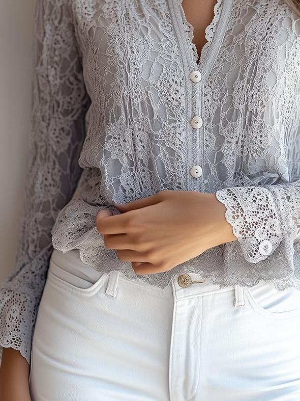 Stylish V-neck Button Down Long Sleeve Lace Shirt - Image 8