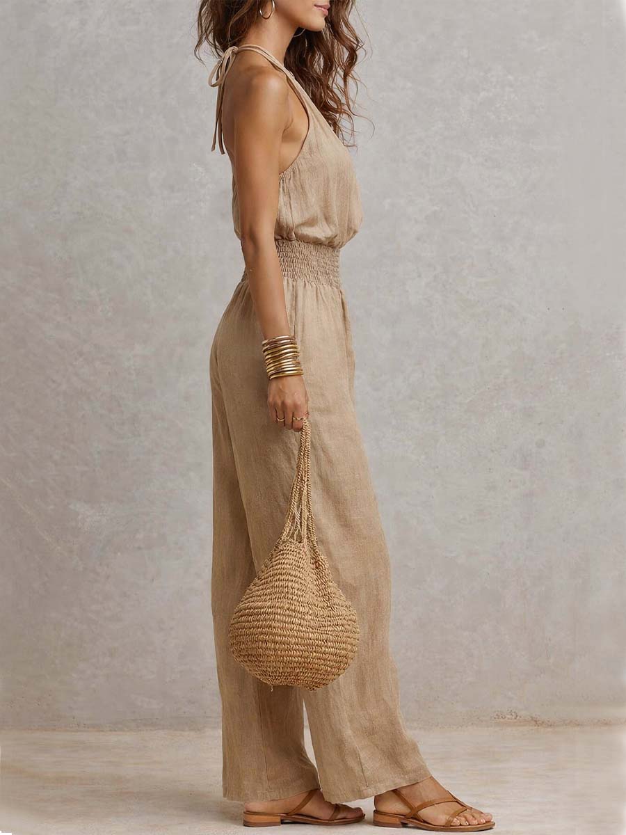 Tan Cotton Linen Halter Neck Smocked Waist Wide Leg Jumpsuit - Image 2