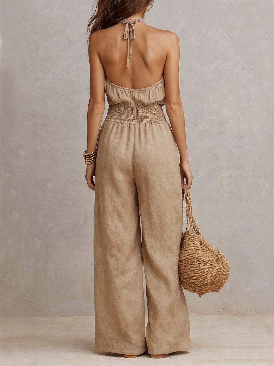 Tan Cotton Linen Halter Neck Smocked Waist Wide Leg Jumpsuit - Image 3