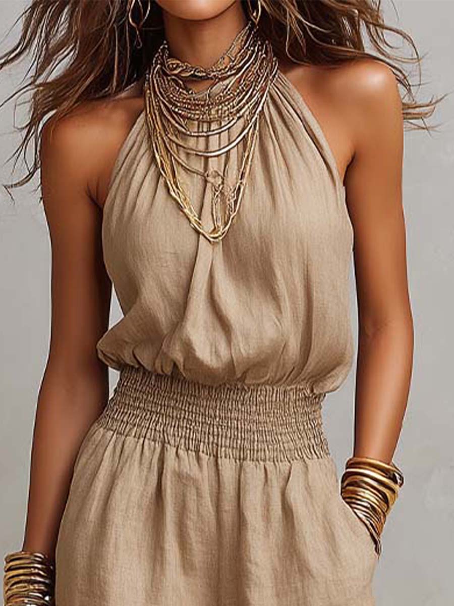 Tan Cotton Linen Halter Neck Smocked Waist Wide Leg Jumpsuit - Image 4