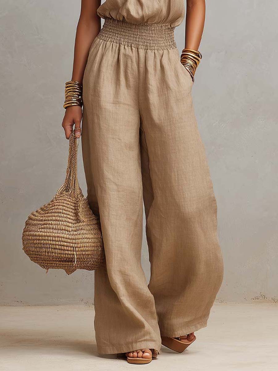 Tan Cotton Linen Halter Neck Smocked Waist Wide Leg Jumpsuit - Image 5