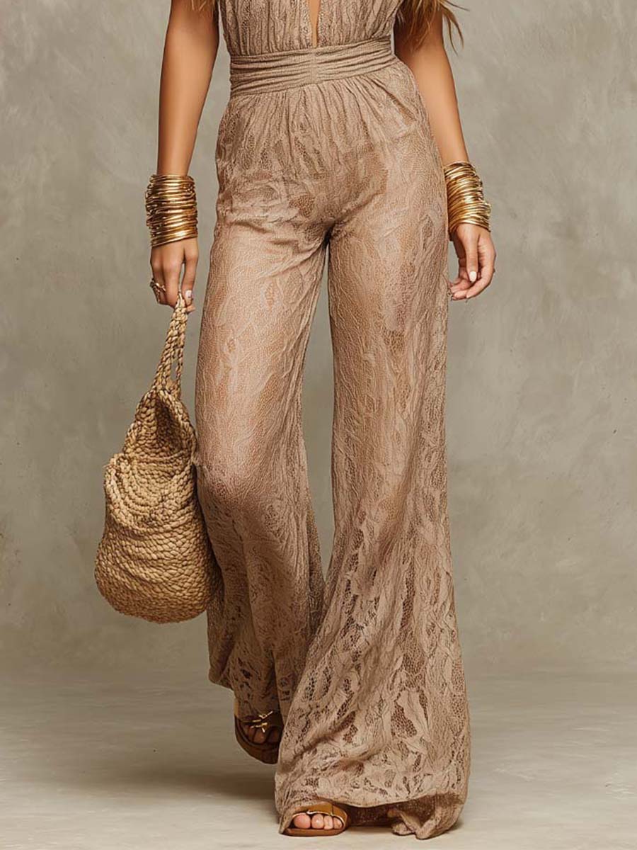 Taupe Lace Halter Deep V Wide Leg Jumpsuit - Image 3
