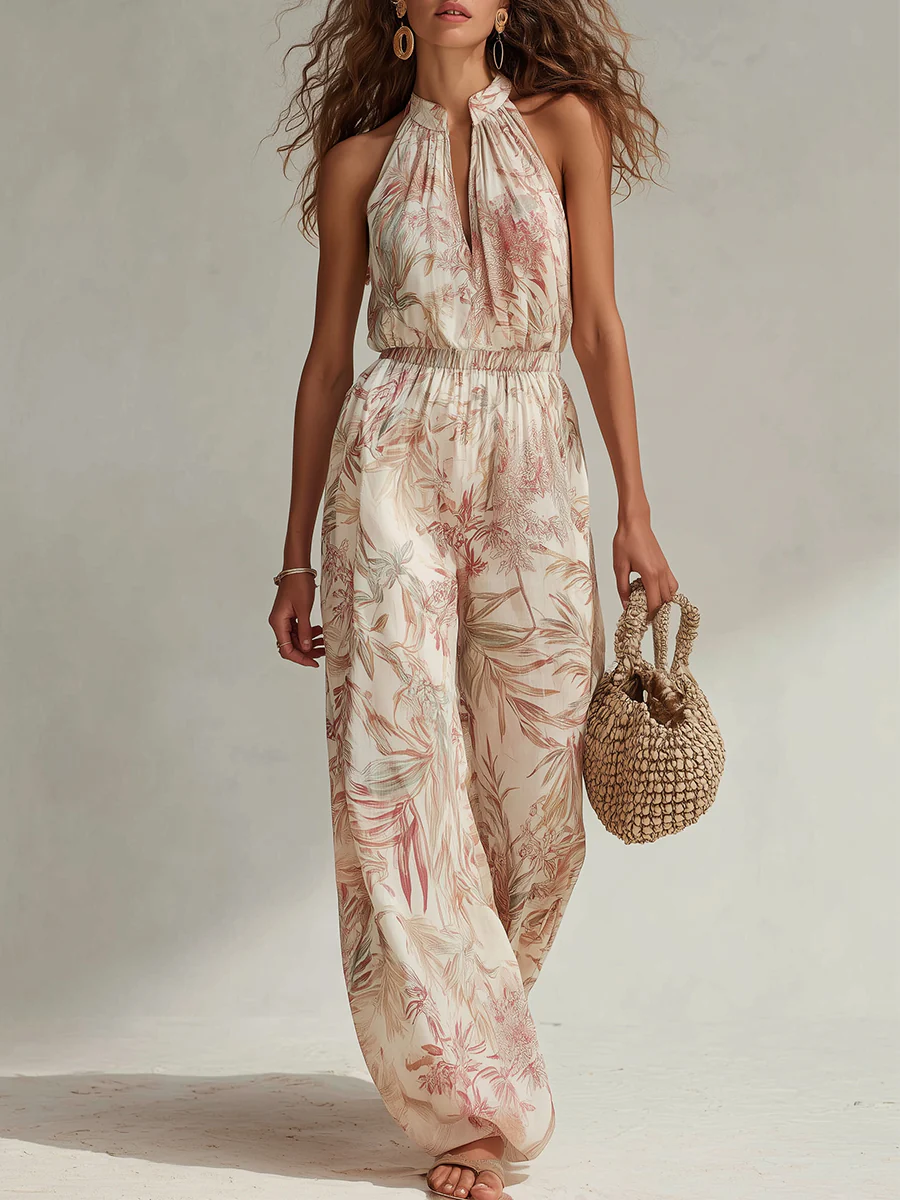 Tropical Rainforest Style V-Neck Printed Jumpsuit