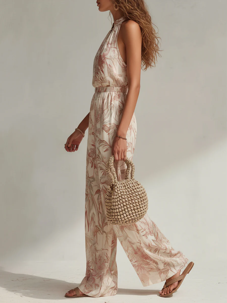 Tropical Rainforest Style V-Neck Printed Jumpsuit - Image 2