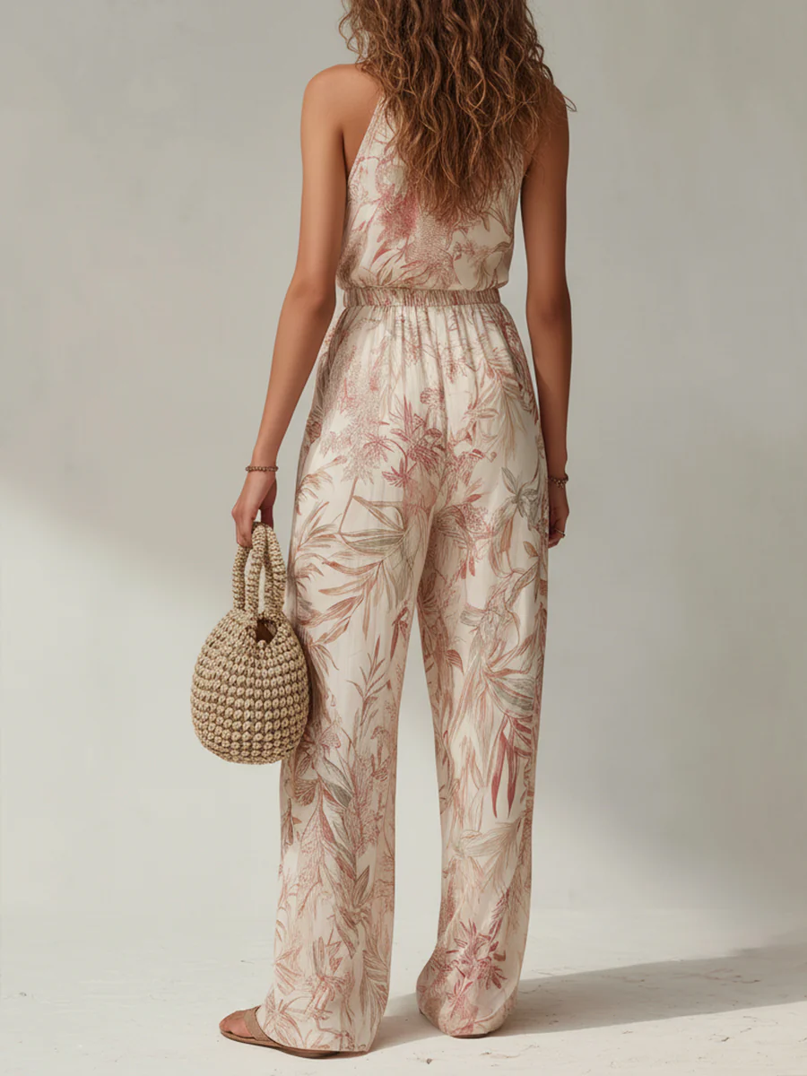 Tropical Rainforest Style V-Neck Printed Jumpsuit - Image 3