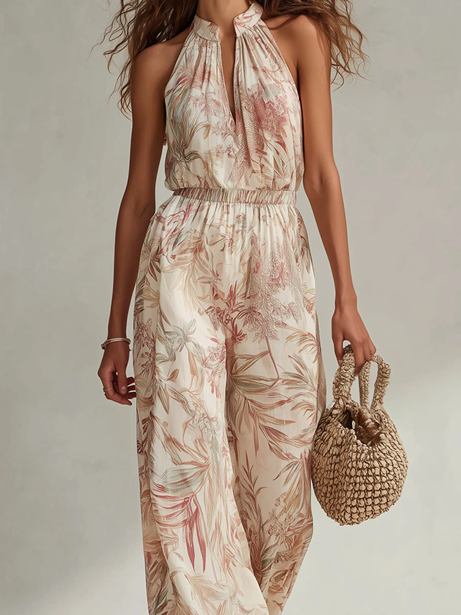 Tropical Rainforest Style V-Neck Printed Jumpsuit - Image 4