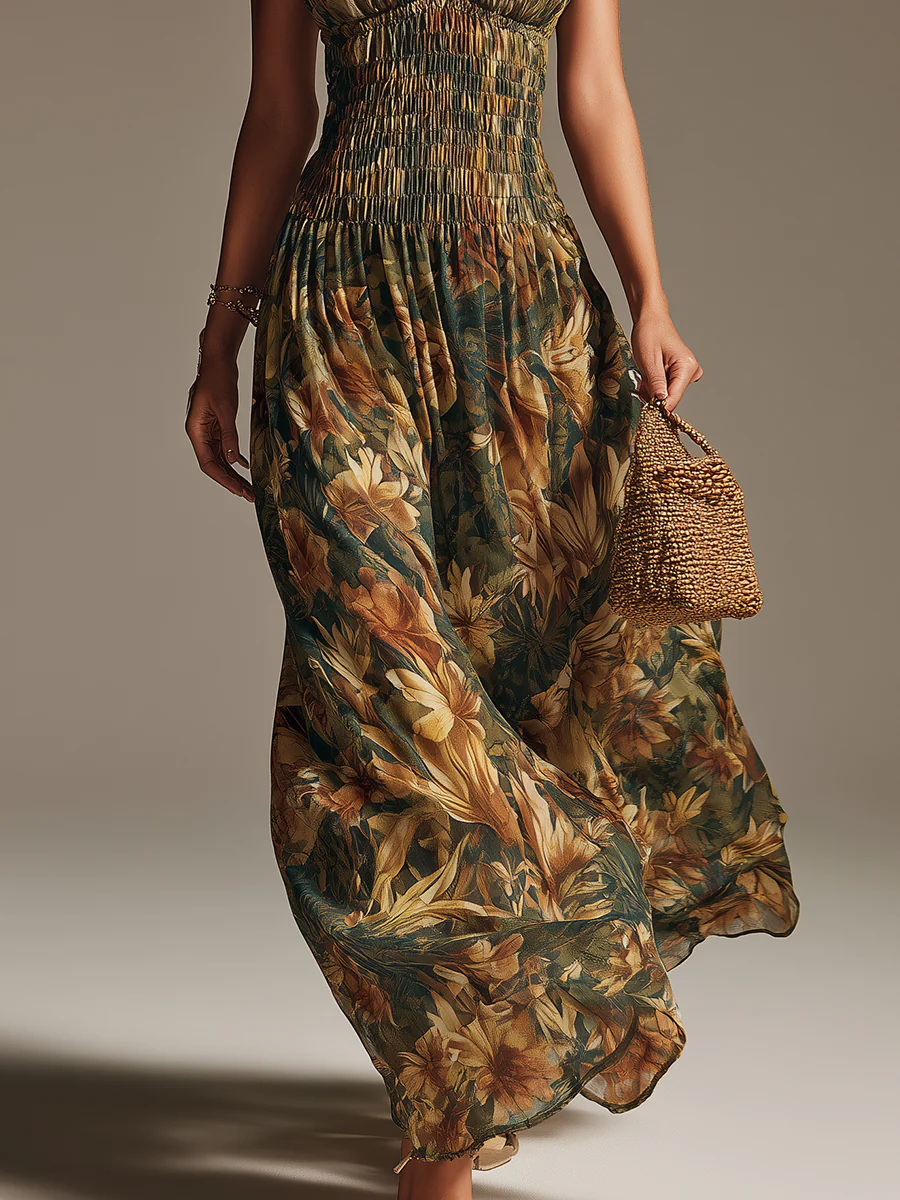 Tropical-Style Shirred Strapless Maxi Dress - Image 3