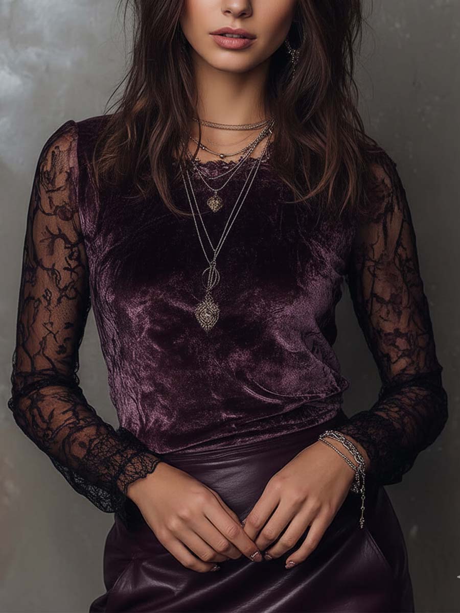 Velvet And Lace Gothic Sheer-Sleeve Top - Image 2