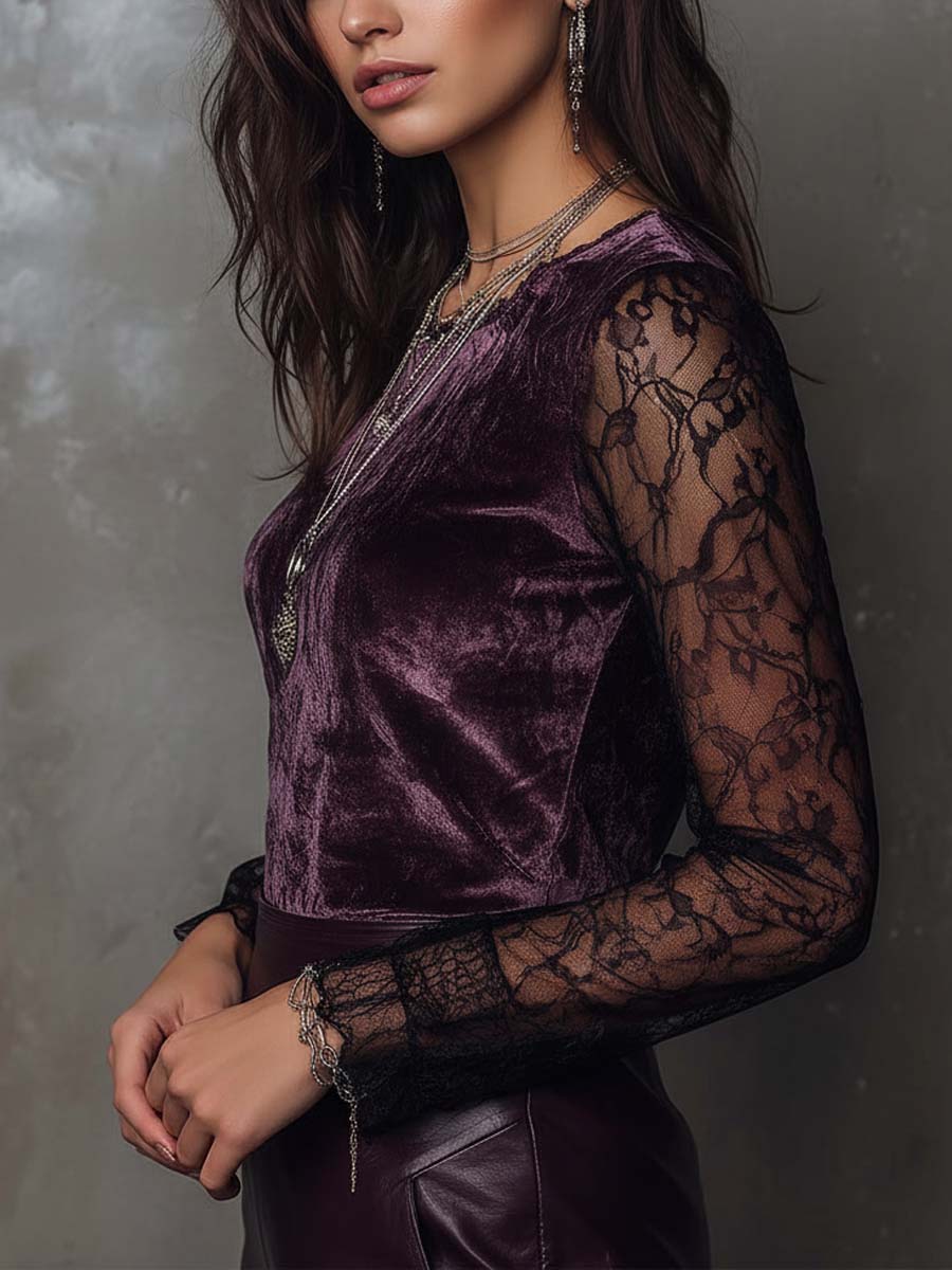 Velvet And Lace Gothic Sheer-Sleeve Top - Image 3
