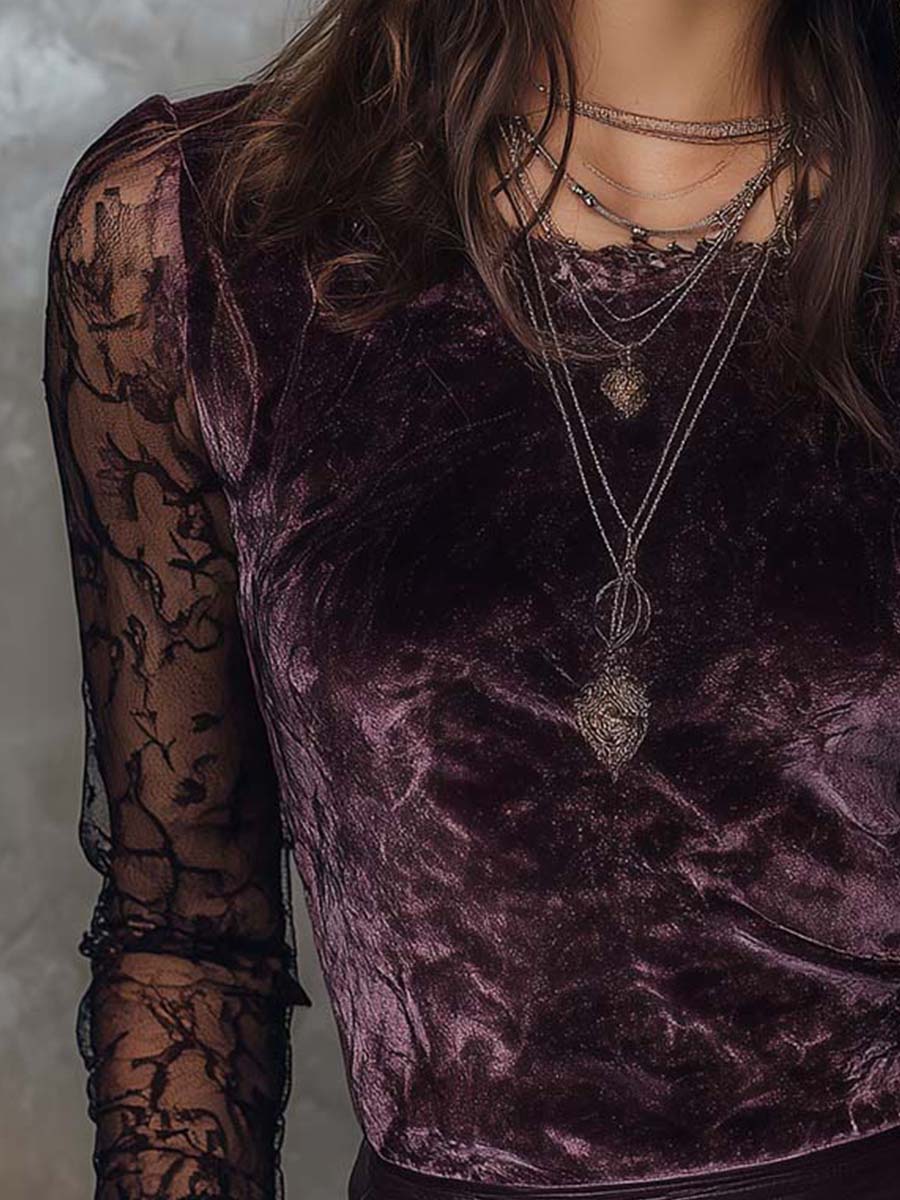 Velvet And Lace Gothic Sheer-Sleeve Top - Image 5