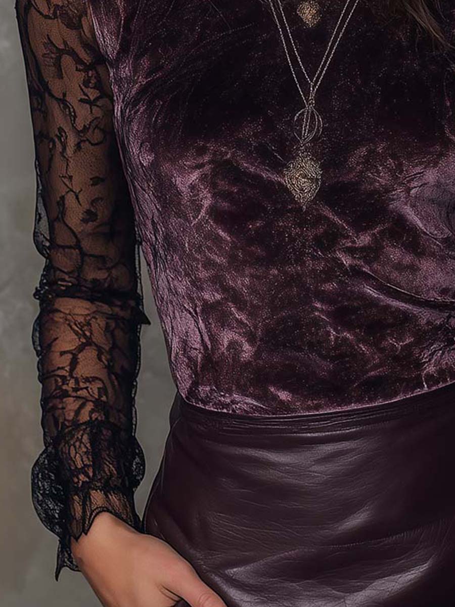 Velvet And Lace Gothic Sheer-Sleeve Top - Image 6
