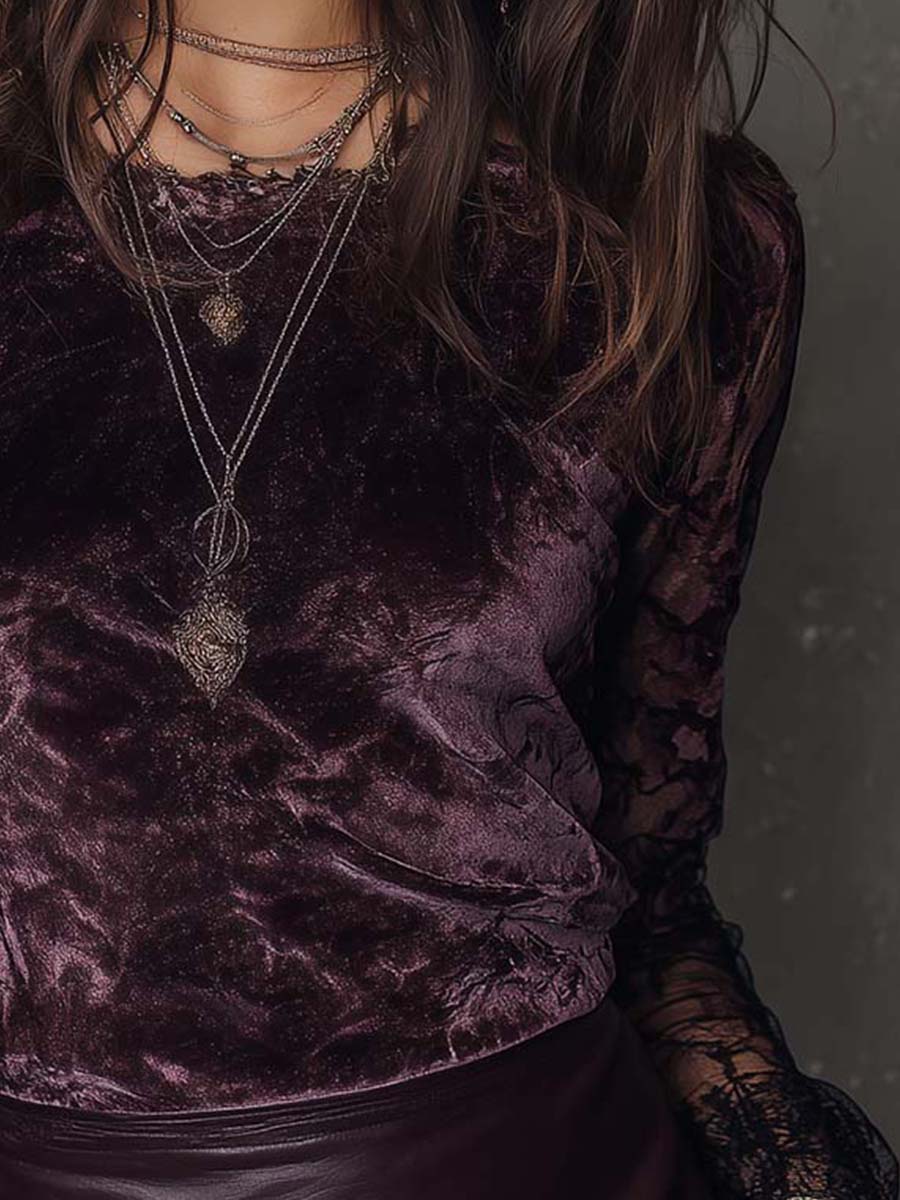 Velvet And Lace Gothic Sheer-Sleeve Top - Image 7