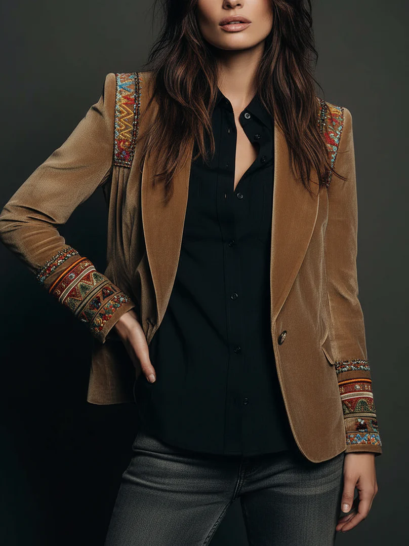 Polyester velvet Embroidered Blazer With Bohemian Detailing - Image 3