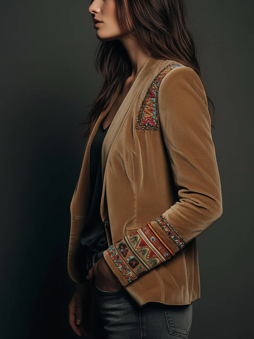 Polyester velvet Embroidered Blazer With Bohemian Detailing - Image 4