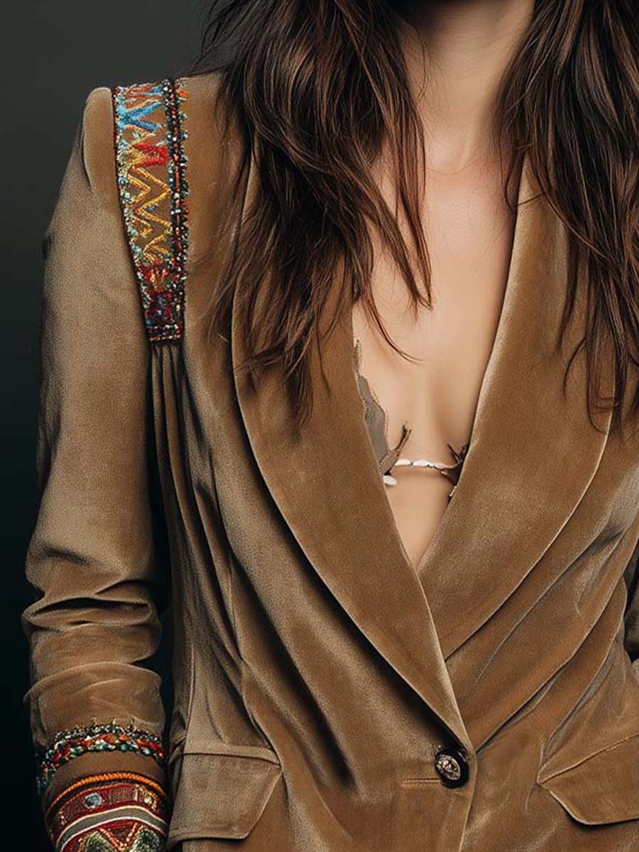 Polyester velvet Embroidered Blazer With Bohemian Detailing - Image 6