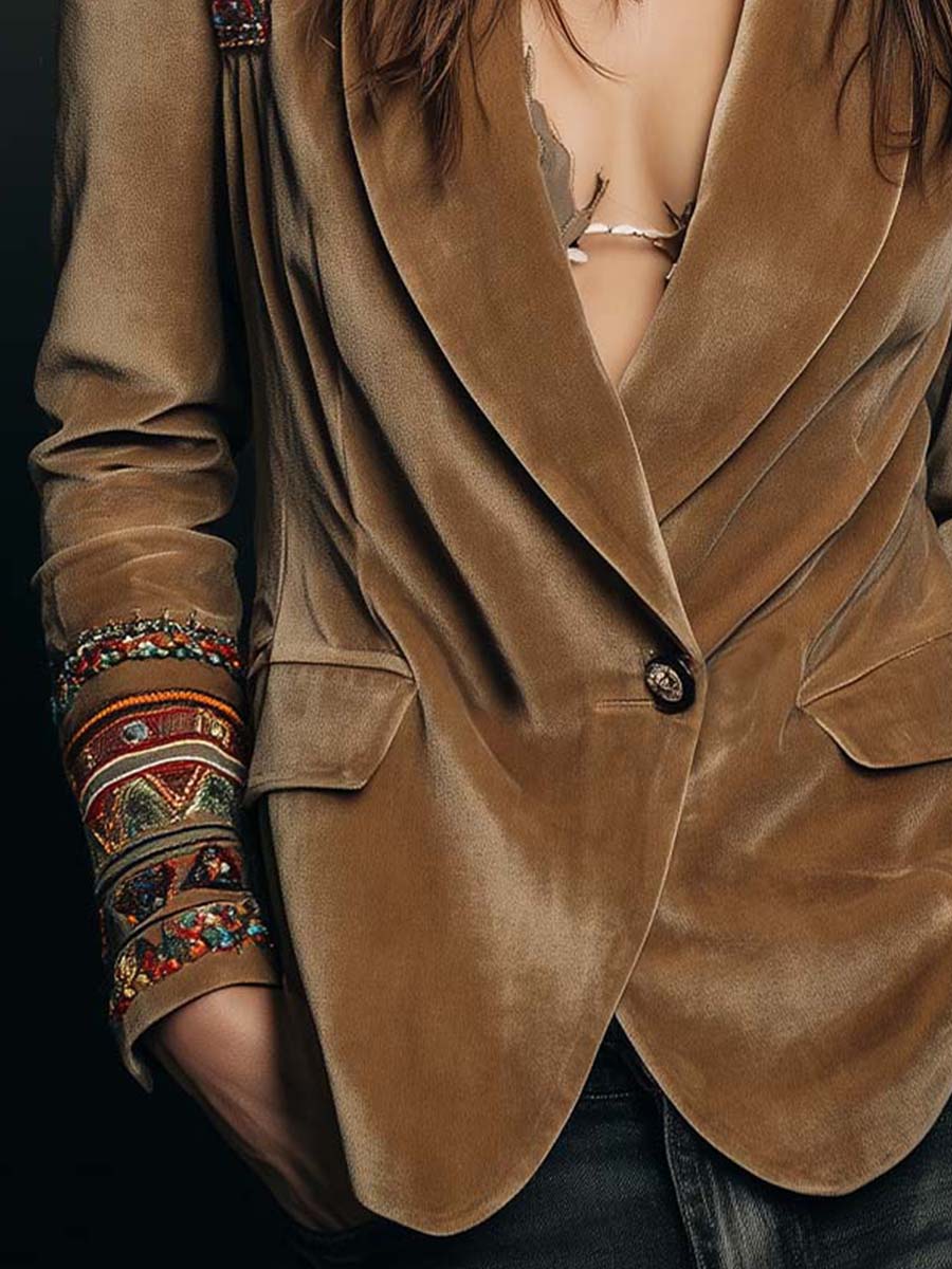 Polyester velvet Embroidered Blazer With Bohemian Detailing - Image 8