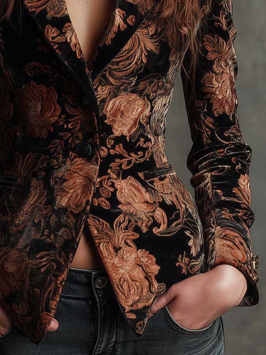 Velvet Floral Print Blazer In Black And Bronze - Image 4