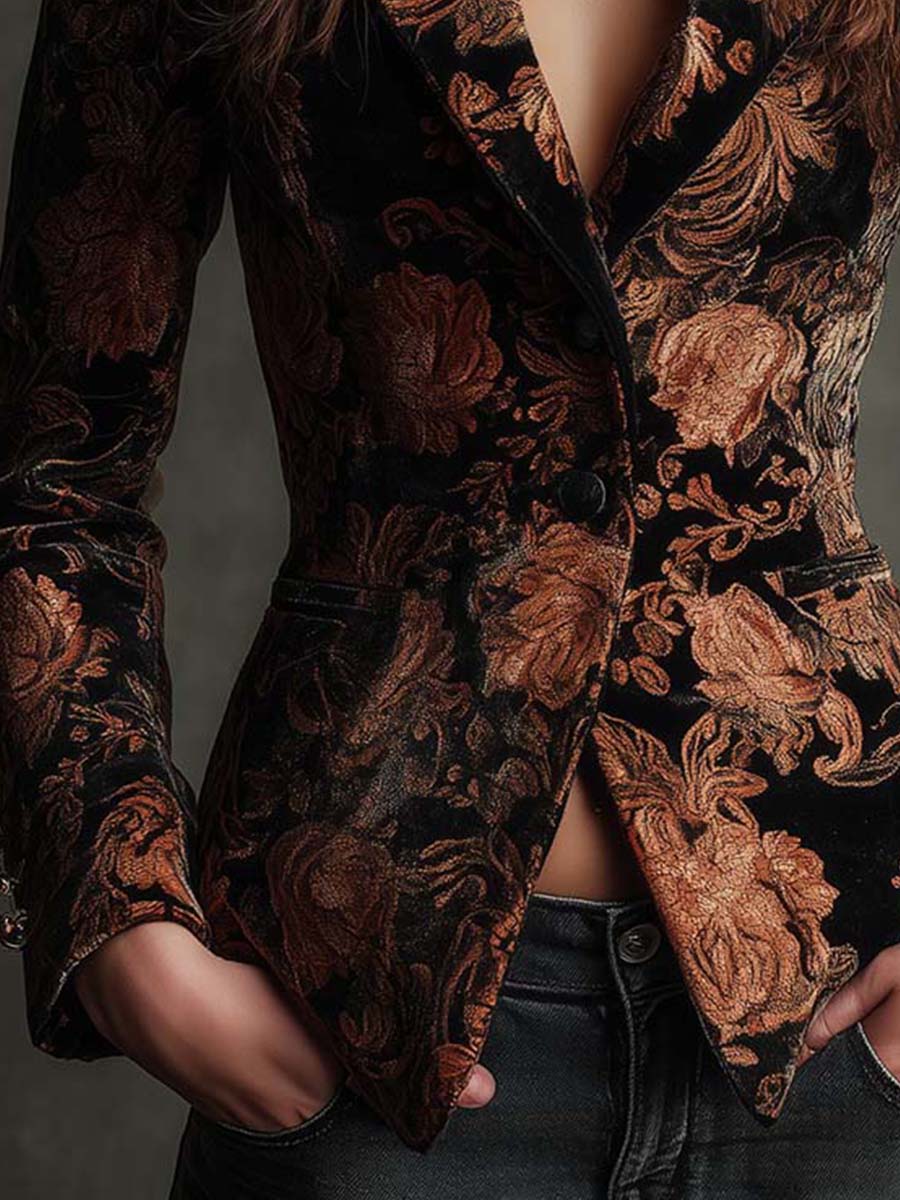 Velvet Floral Print Blazer In Black And Bronze - Image 5