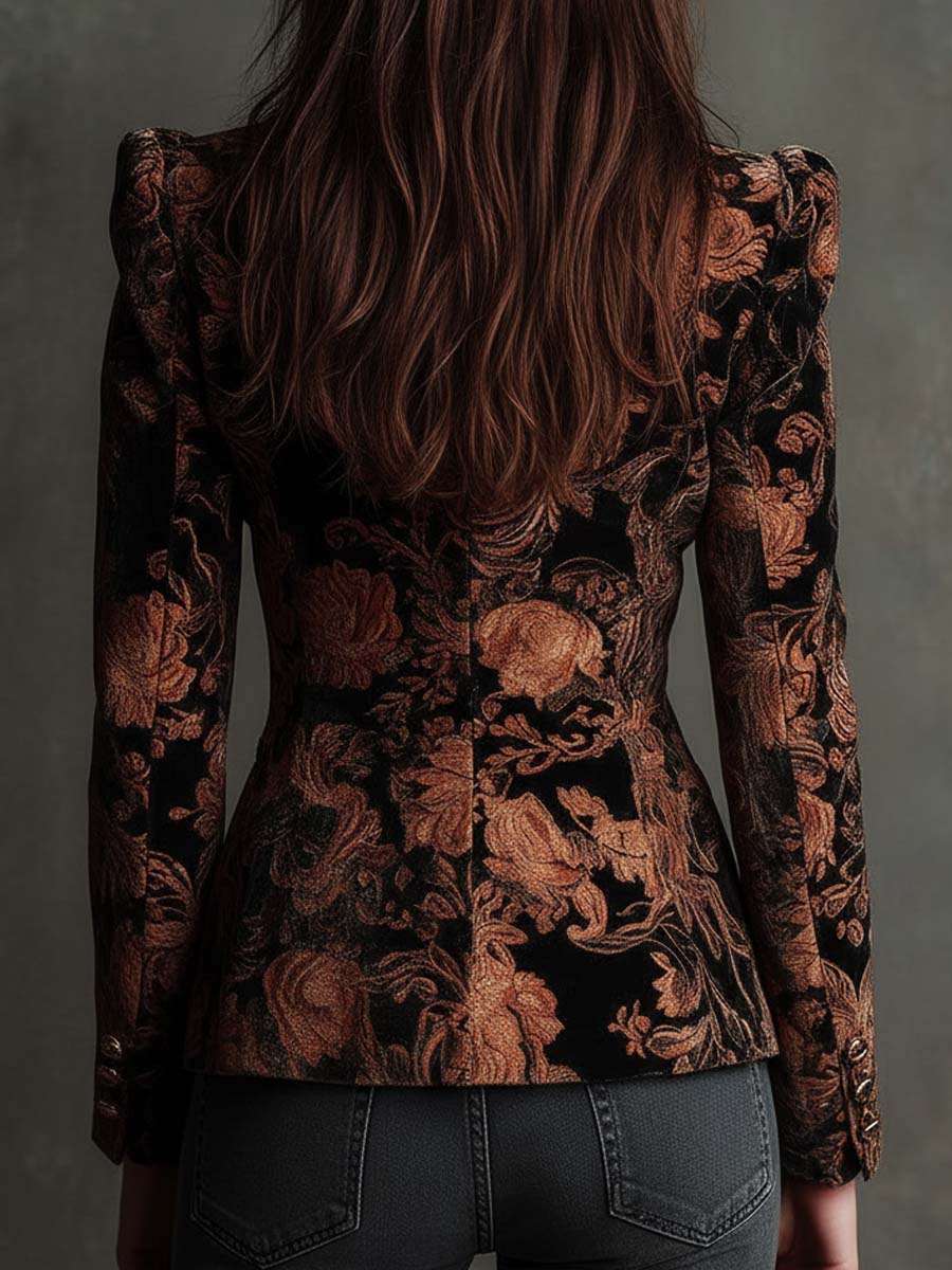 Velvet Floral Print Blazer In Black And Bronze - Image 6