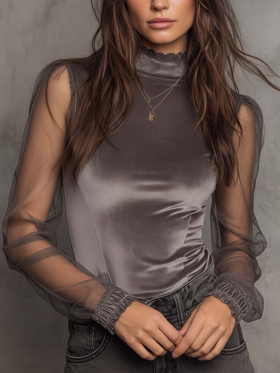 Velvet Mesh Panel High-Neck Top – Graphite Grey - Image 2