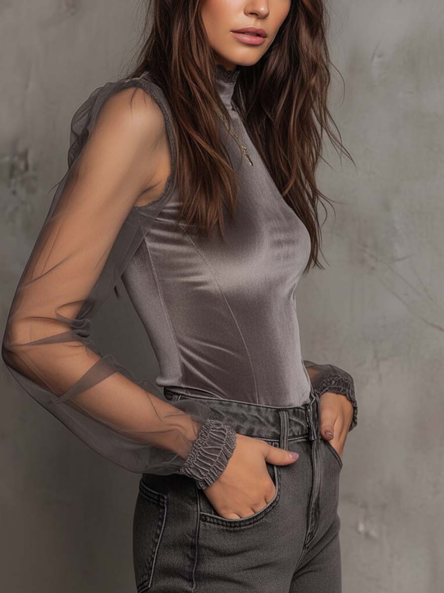 Velvet Mesh Panel High-Neck Top – Graphite Grey - Image 3