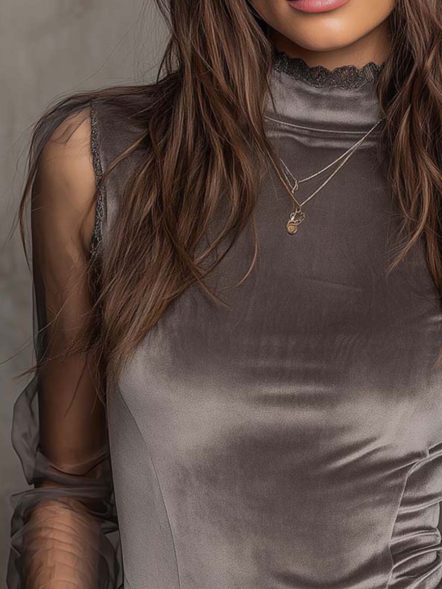 Velvet Mesh Panel High-Neck Top – Graphite Grey - Image 4