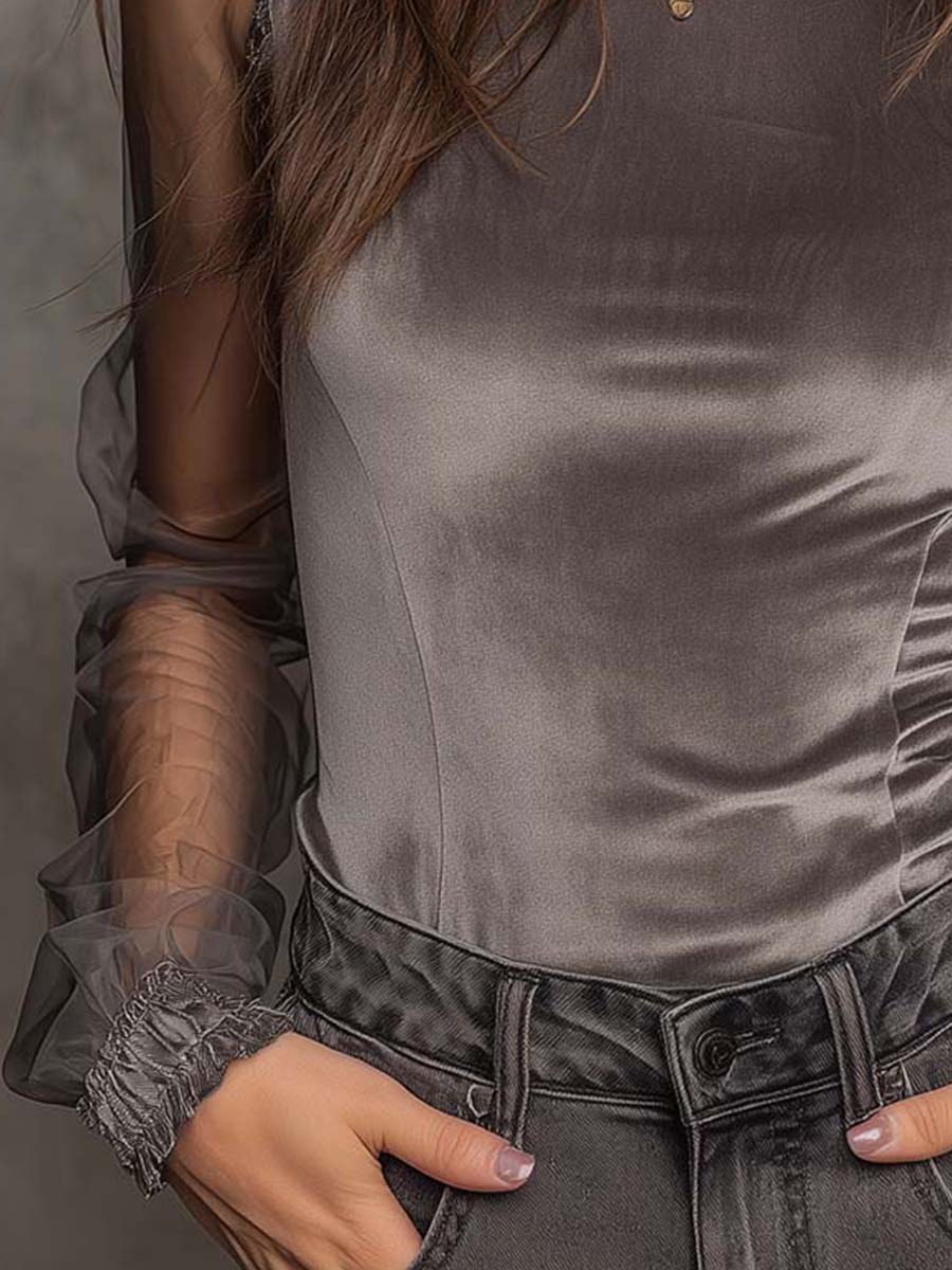 Velvet Mesh Panel High-Neck Top – Graphite Grey - Image 5