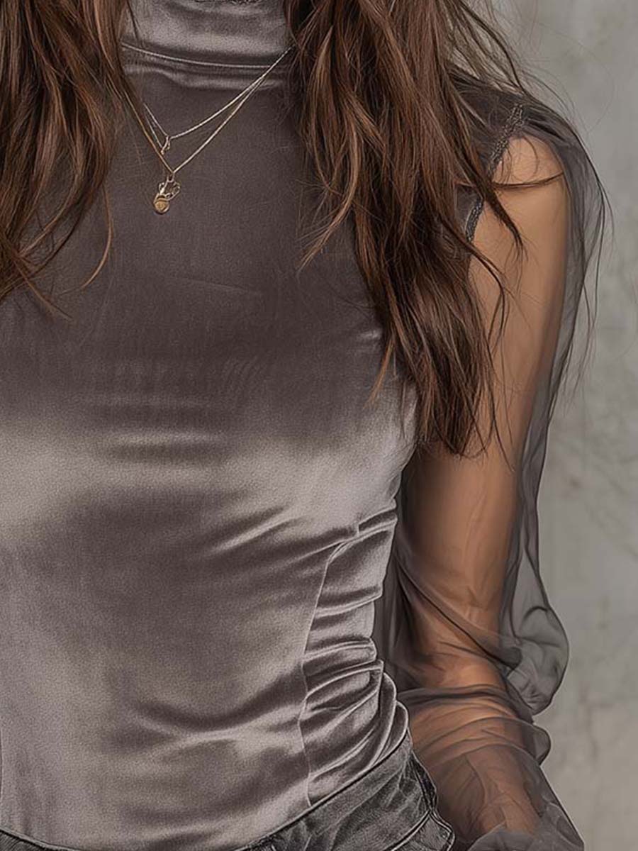 Velvet Mesh Panel High-Neck Top – Graphite Grey - Image 6