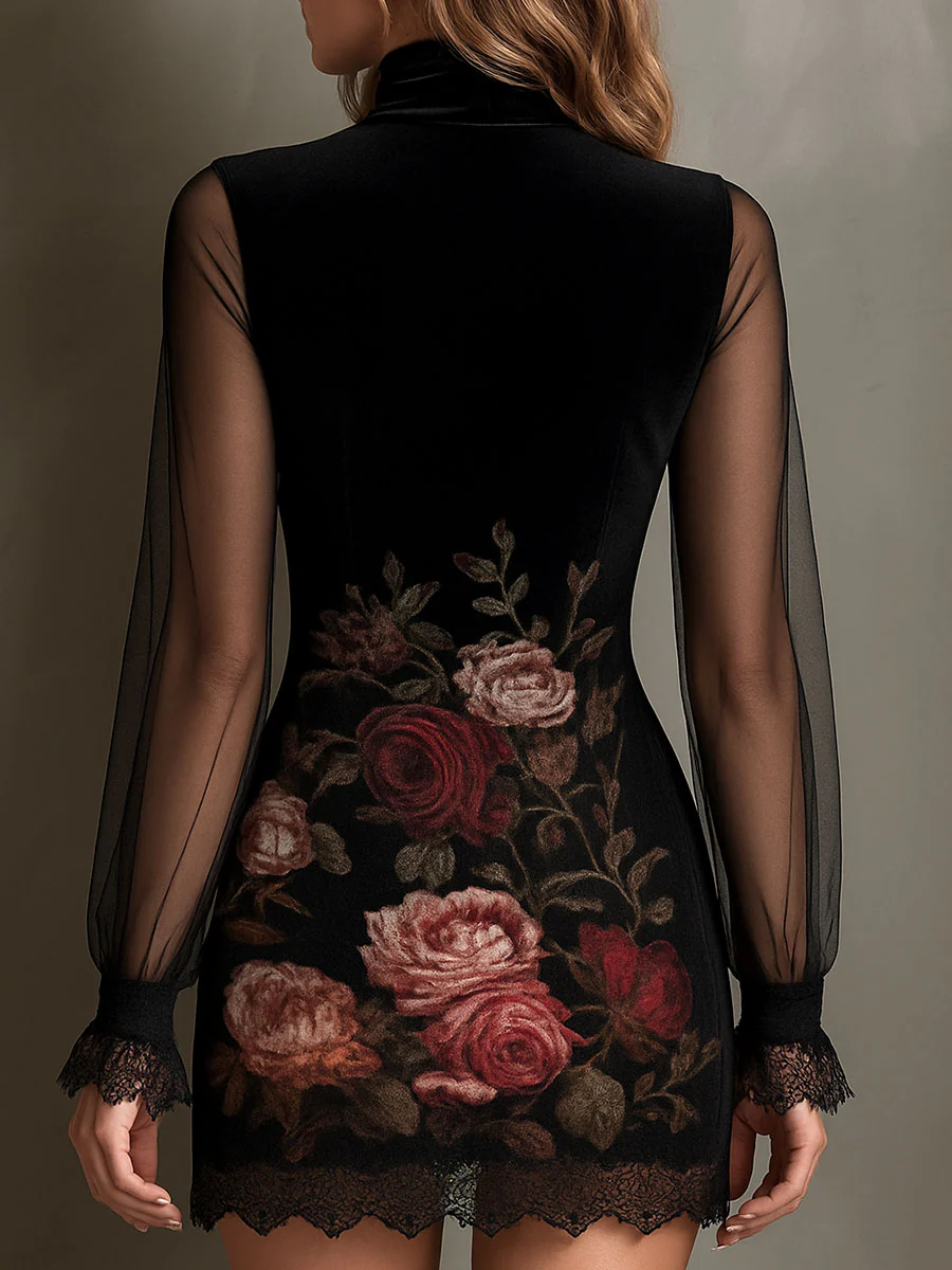 Velvet Rose Print Sheer Patchwork Mini Dress With Lace Trim - Image 4