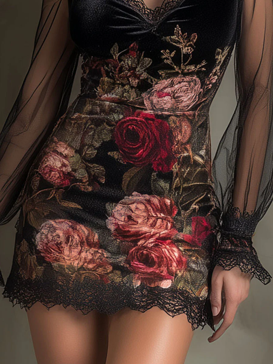 Velvet Rose Print Sheer Patchwork Mini Dress With Lace Trim - Image 5