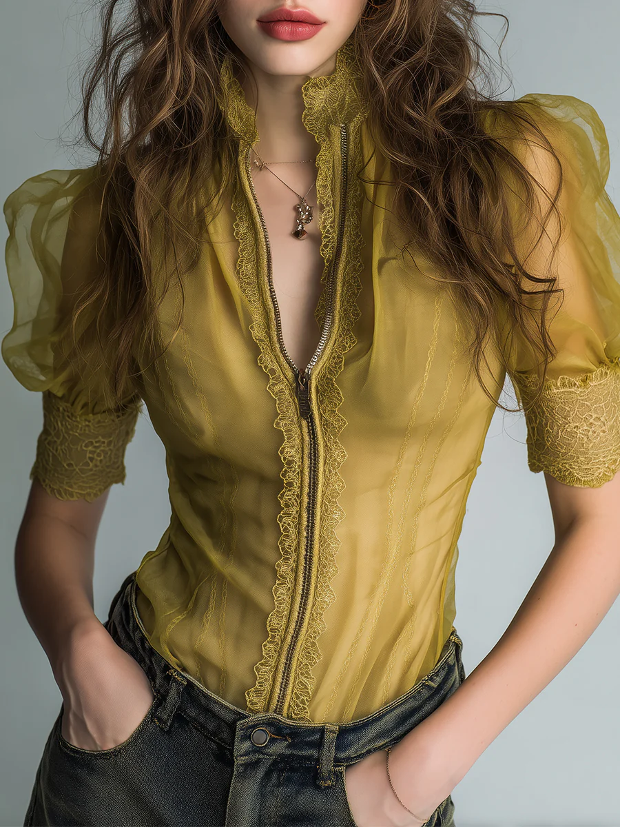 Victorian Lace Trim Zip Front Short Sleeve Blouse