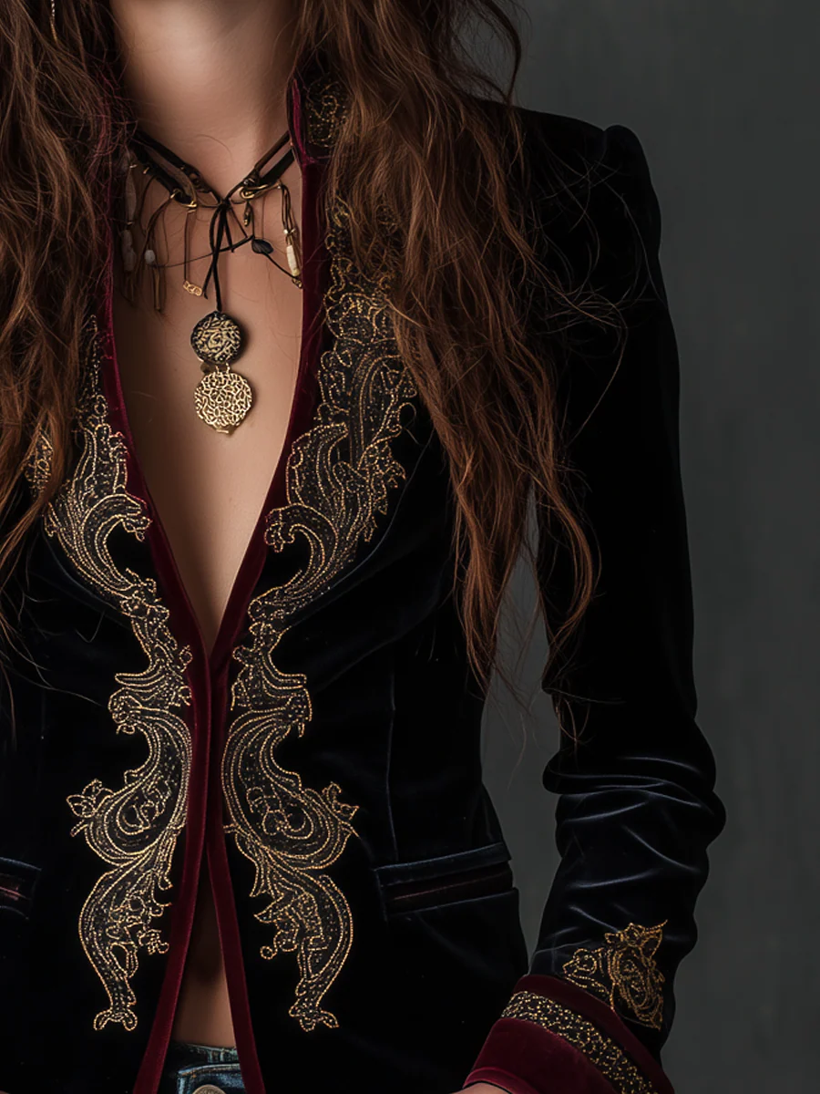 Vintage Baroque Embroidered Velvet Blazer - Image 3