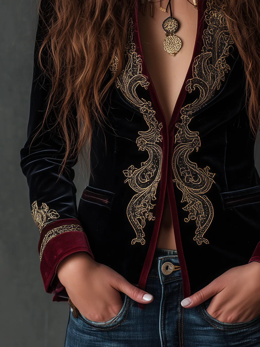 Vintage Baroque Embroidered Velvet Blazer - Image 4