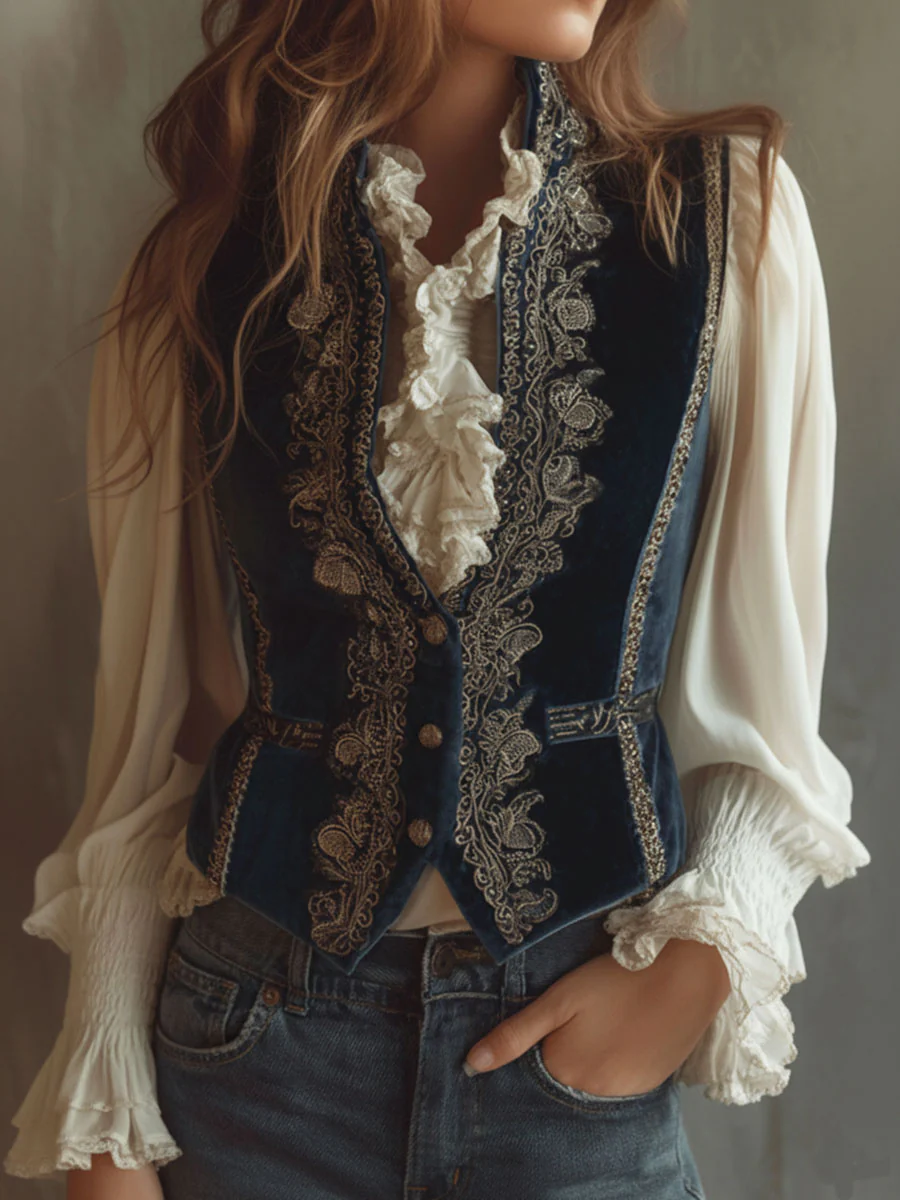 Vintage Baroque Navy Blue Velvet Embroidered Vest - Image 2