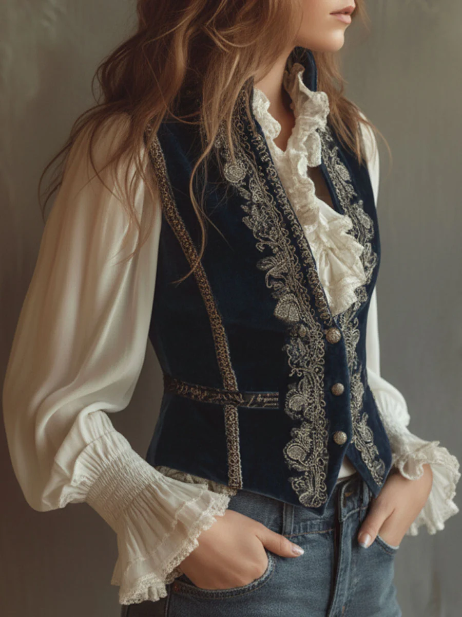 Vintage Baroque Navy Blue Velvet Embroidered Vest - Image 3
