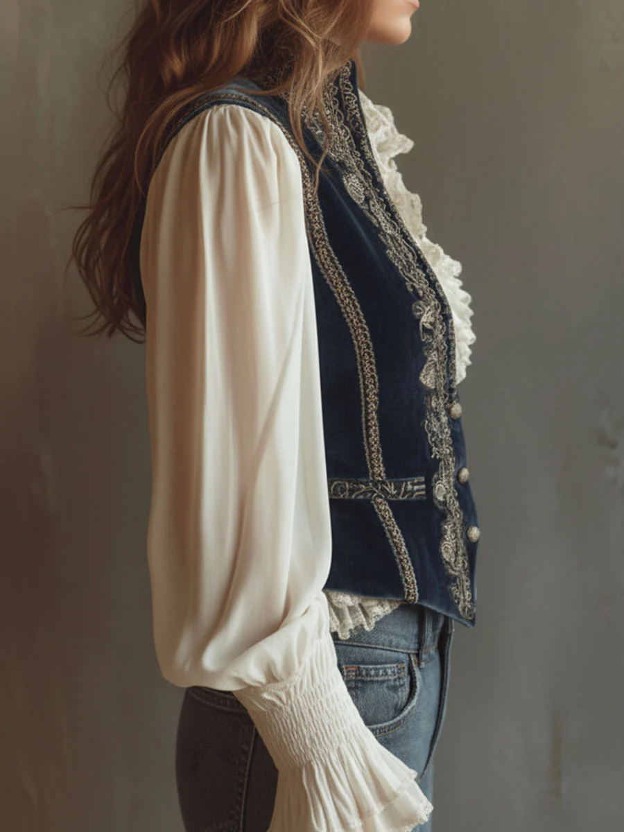 Vintage Baroque Navy Blue Velvet Embroidered Vest - Image 4