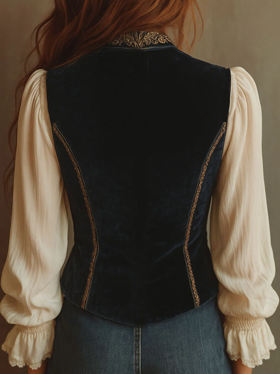 Vintage Baroque Navy Blue Velvet Embroidered Vest - Image 5