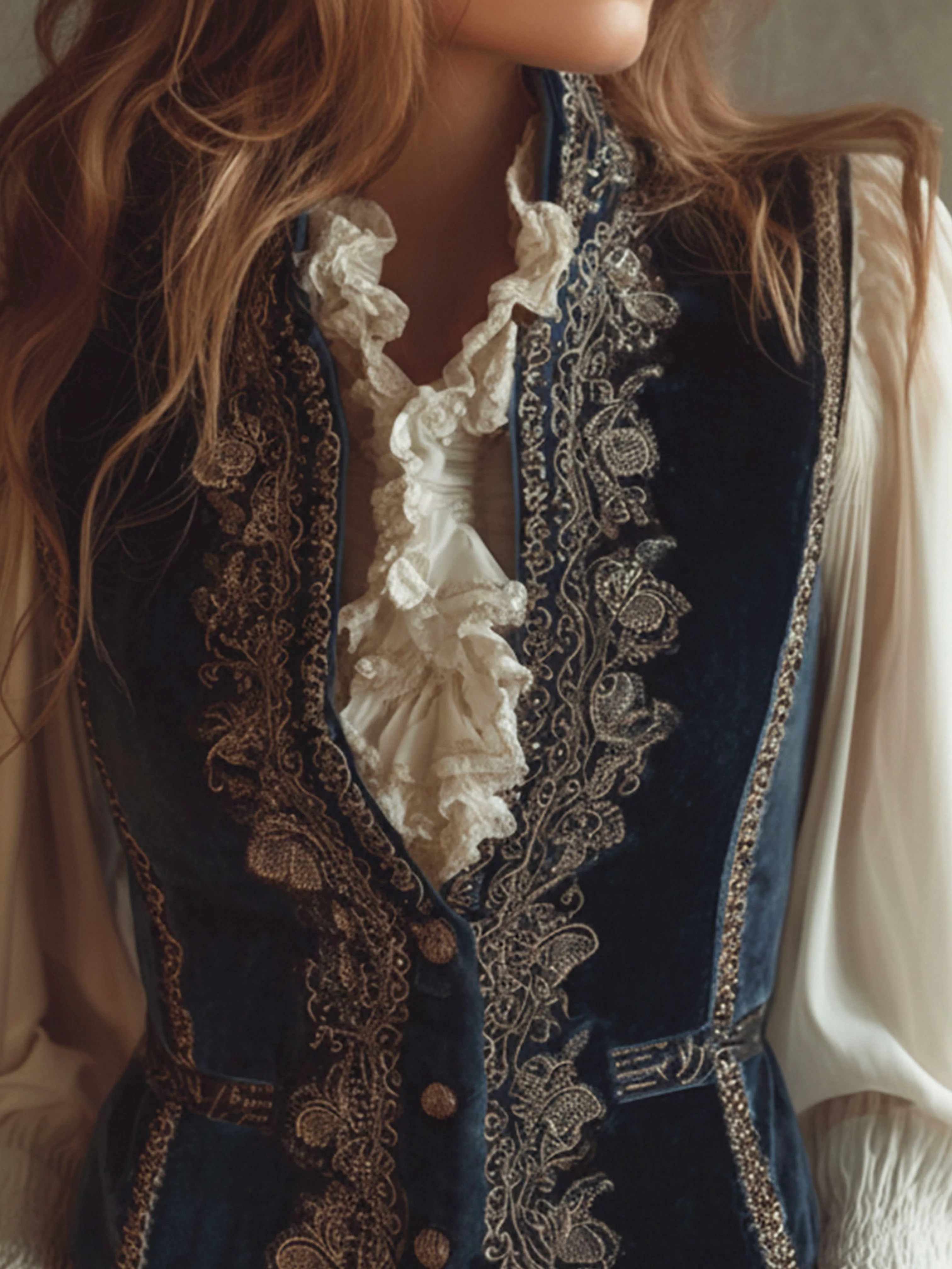 Vintage Baroque Navy Blue Velvet Embroidered Vest - Image 6