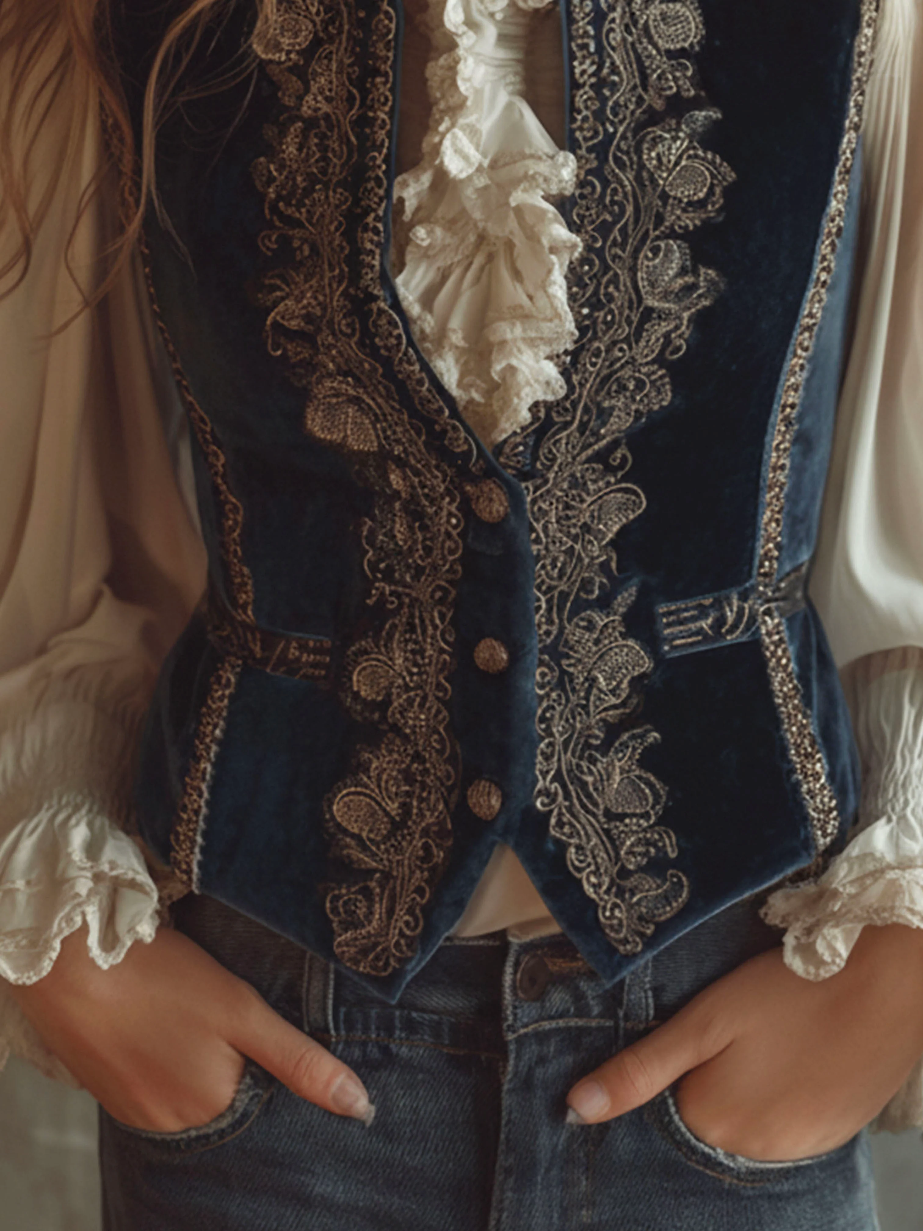 Vintage Baroque Navy Blue Velvet Embroidered Vest - Image 7