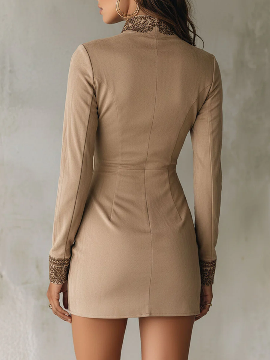 Vintage Beige Zip-Up Embroidered Microsuede Mini Dress With Pockets - Image 7