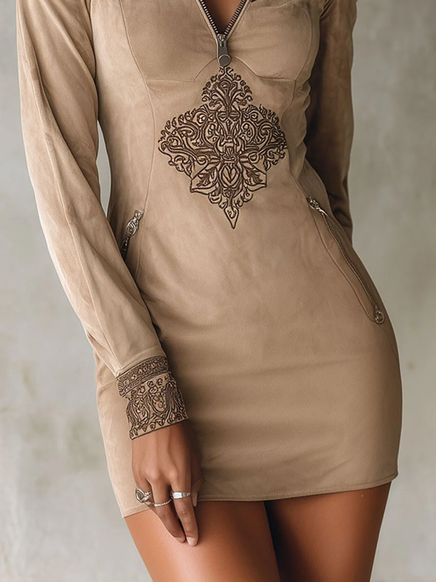 Vintage Beige Zip-Up Embroidered Microsuede Mini Dress With Pockets - Image 8
