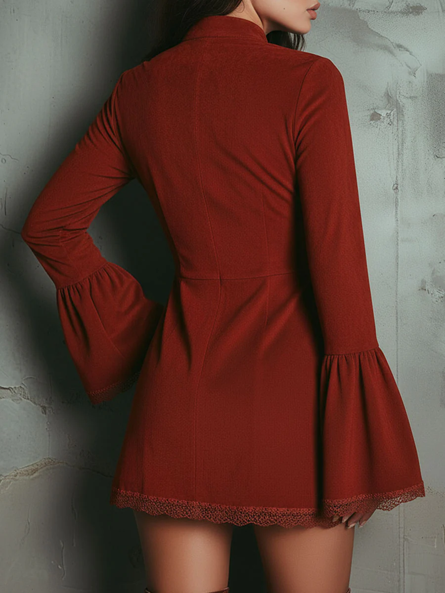 Retro Bell Sleeve Embroidered Rust Red Microsuede Lace Mini Dress - Image 6