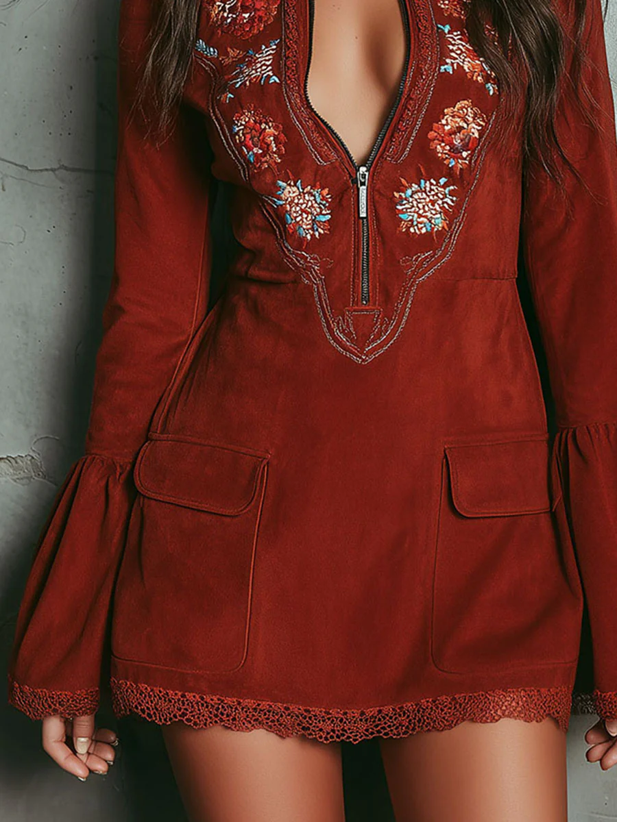 Retro Bell Sleeve Embroidered Rust Red Microsuede Lace Mini Dress - Image 8